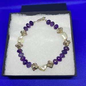Beaded bracelet 8” purple, white and silver